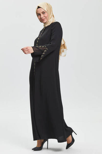 Derin Siyah Kolu Perde Taşlı Ferace 9073-20