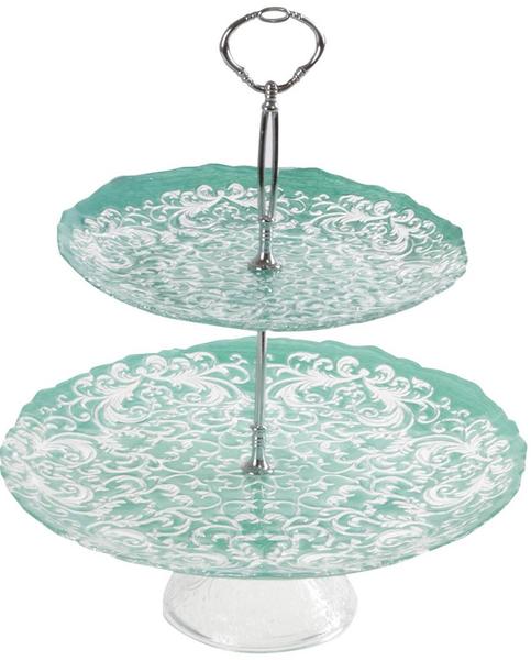 More Lüks 2 Katlı Etajer El Boyaması Cam | Yeşil