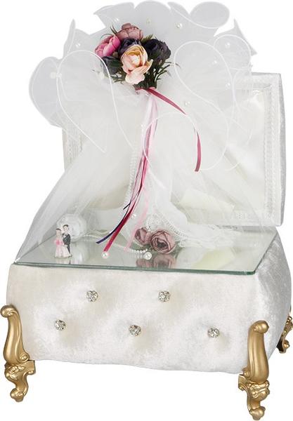 Dekonaz Lüks El Yapımı Sandık & Aynalı Yüzük Tepsisi | Söz&Nişan&Nikah | Krem | KB-0002