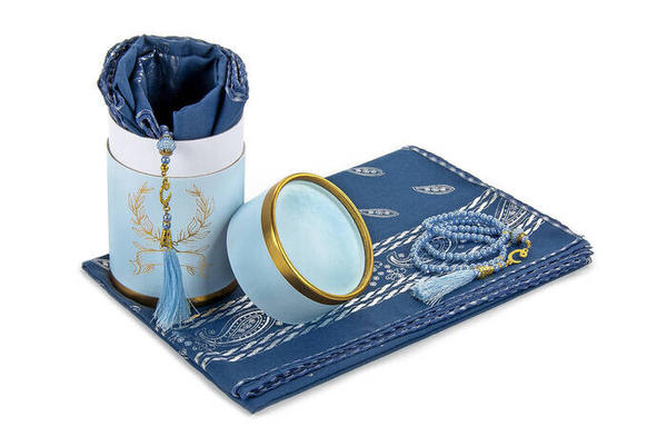 Biricik Anneme Özel Silindir Kutulu Set - İnci Tesbihli - Varaklı Kesik Elyaf Mevlid Örtülü - Petrol