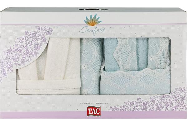 Taç Comfort Dantelli Aile Bornoz Seti | Mint&Ekru | 11180