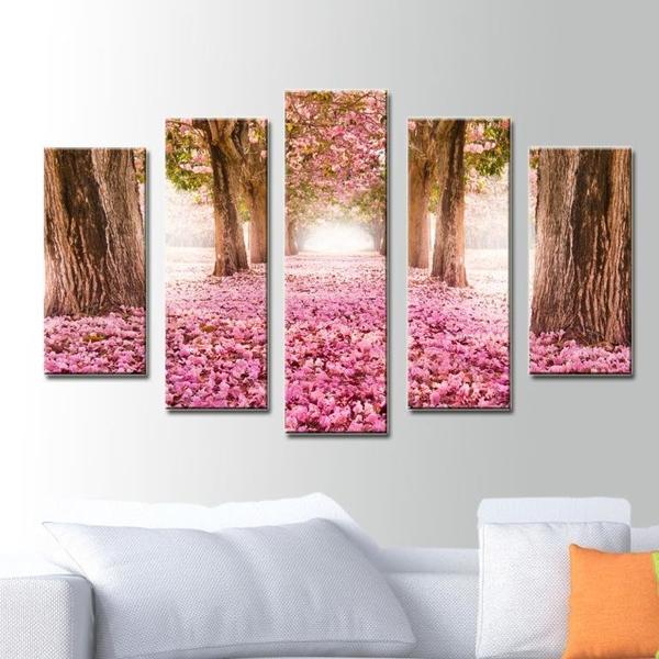 5 Parça Tablo - Pembe Çiçek Yolu