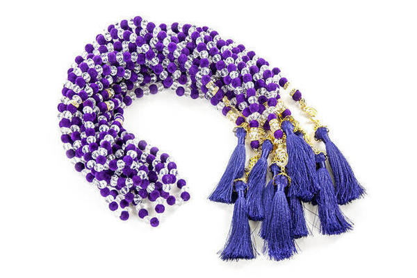 Special Velvet Patterned Tasseled 99 Piece Crystal Hajj Umrah Gift Rosary - Purple