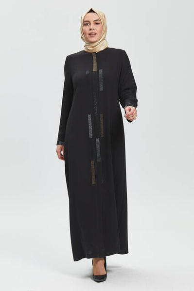 Derin Siyah Renk Zigzag Taşlı Bayan Ferace 9070-20