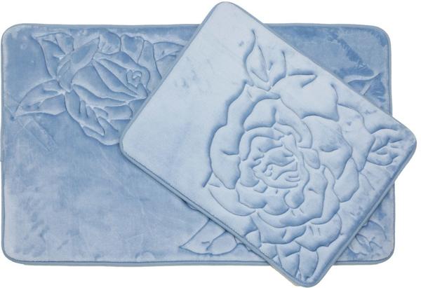 Almina Premium Gül Desenli Banyo Paspas Seti 2 Parça Midi | Parlak Mavi