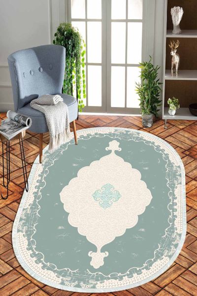 Birkilim Oval Yıkanabilir İpeksi Kaymaz Taban Dekoratif Halı | MLN-IP-O-HT-1076