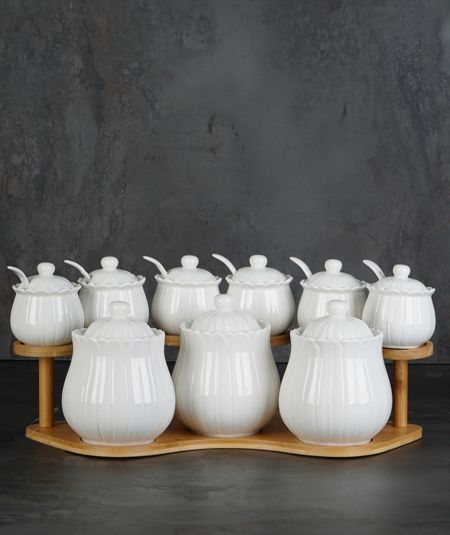 Acar Kitchen | 9 Pcs White Spice Set with Bamboo Stand