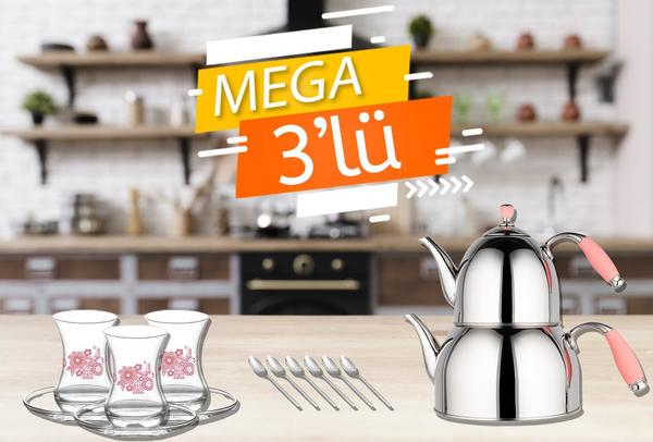 MEGA 3'lü Set | Çaydanlık & Çay Bardağı & Çay Kaşığı | Mega-1