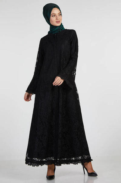 Şükran 35877 Kolu Fırfırlı ve Dantelli Ferace Siyah