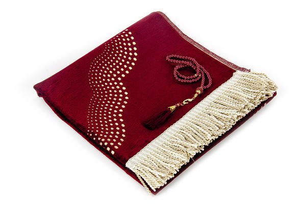 Mihrab Patterned Plain Chenille Prayer Rug Claret Red