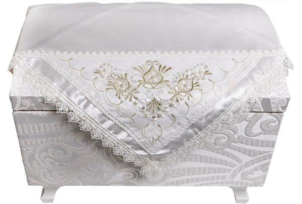 Dekonaz Saten Bohça Çiçek İşlemeli İncili 100x100cm | Beyaz | Bohca-0001