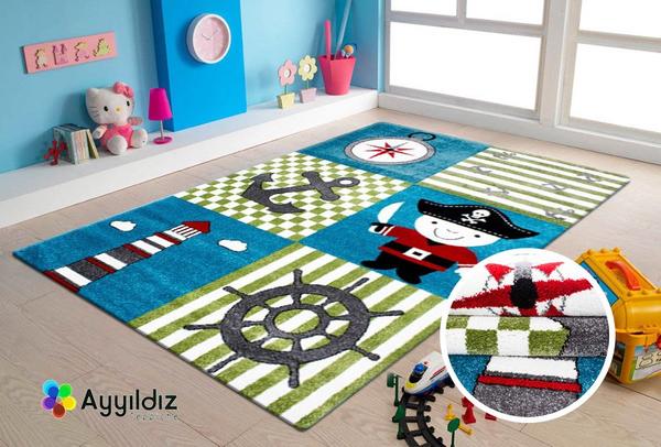 Ayyıldız Kids Marine Çocuk Halısı 100% PP Frise 11mm 2500 gr | Mavi - Yeşil | 450Multi
