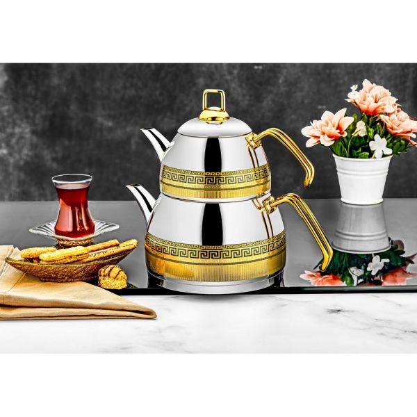 Ela Dekorlu Siyah Çaydanlık Büyük Boy