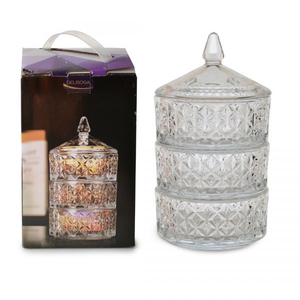 İpek | Kristal Desen 3 Katlı Cam Kurabiyelik 12,5 cm | DSTG1055A/L3