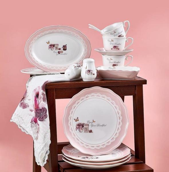 Neva Enjoy 32 Parça Dantel Desenli Porselen Kahvaltı Takımı | Pembe | 6 Kişilik