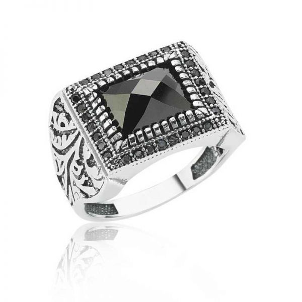 Gümüş Siyah Taşlı Erkek Yüzük