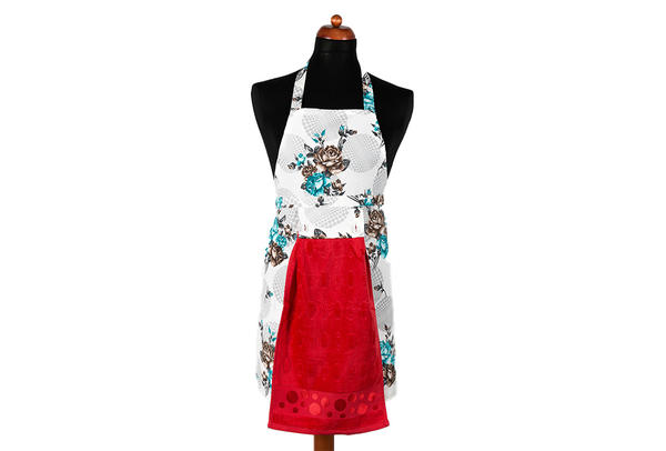 Dekonaz Çiçek Desenli Mutfak Önlüğü | Kırmzı Havlu ve El Bezi Hediyeli | 73cm x 59cm