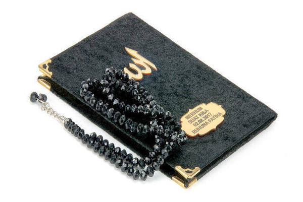 Livre Yasin recouvert de velours - Taille du sac - Assiette spéciale nom - Chapelet - Boîte - Couleur noire - Mevlid