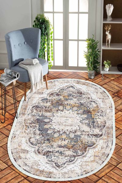 Birkilim Oval Yıkanabilir İpeksi Kaymaz Taban Dekoratif Halı | MLN-IP-O-HT-631
