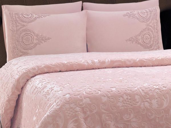 Fransız Güpürlü Hürrem Battaniye Takımı Pudra