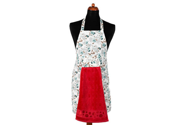 Dekonaz Çiçek Desenli Mutfak Önlüğü | Kırmzı Havlu ve El Bezi Hediyeli | 73cm x 59cm