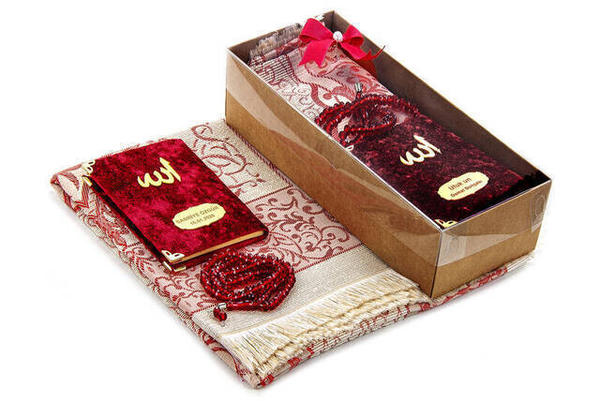 كتاب ياسين مخملي مغطى - حجم الجيب - لوحة اسم خاصة - سجادة صلاة - مسبحة - محاصر - أحمر