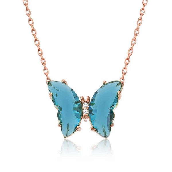 Gümüş Turkuaz Cam Kelebek Kolye
