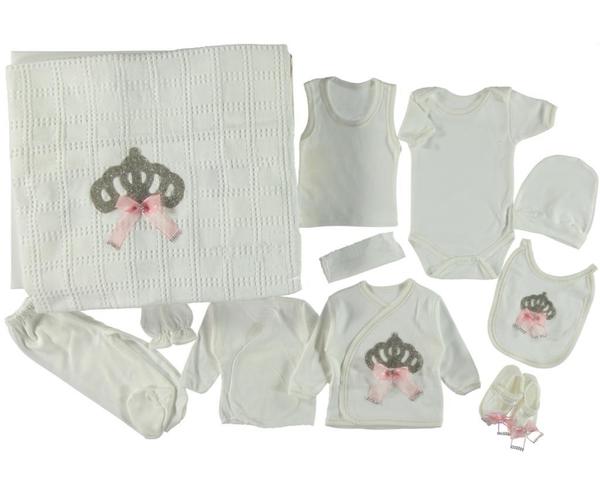 Kraliçe Taşlı Hastane Çıkışı Bebek Zıbın Seti 11 Parça Pembe