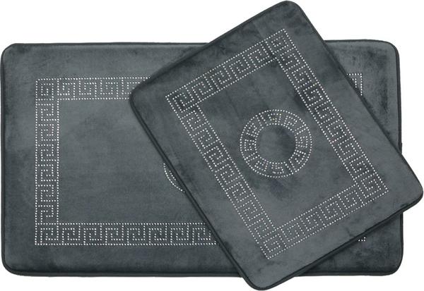 Almina Elegance Parlak Taşlı Banyo Paspas Seti 2 Parça Midi | Gri