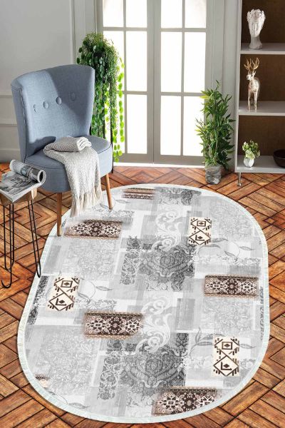 Birkilim Oval Yıkanabilir İpeksi Kaymaz Taban Dekoratif Halı | MLN-IP-O-HT-952