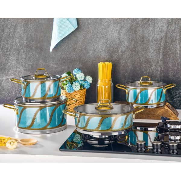 Öz Life | Enza 8 Parça Dekorlu Turkuaz Tencere Seti