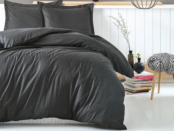 Ensemble de housse de couette en satin de coton anthracite à rayures en coton, double