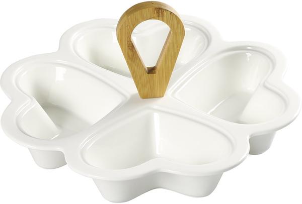 Almina Porselen 4 Bölmeli Servis Kasesi Kalp Şekilli | Bambu Kulplu | 25cm | Beyaz