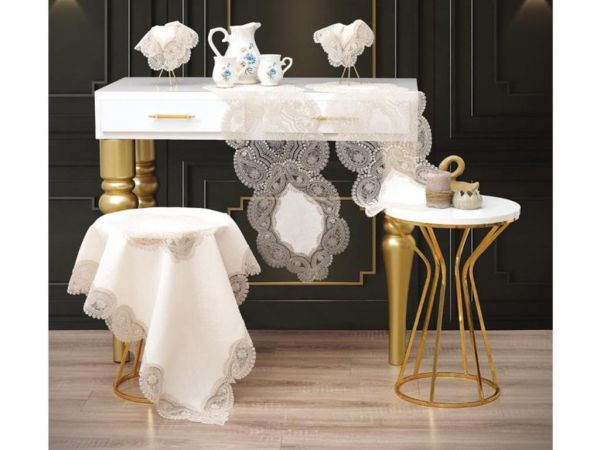 Çeyiz Diyarı Bellisima 5 Parça Keten Salon Takımı Krem