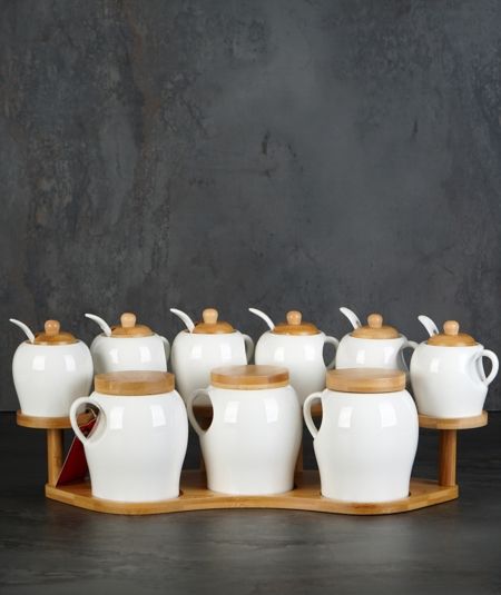 Acar Mutfak | Bambu Standlı 9'Lu Beyaz Baharat Set