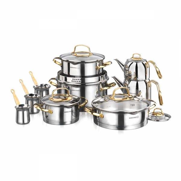 Korkmaz Goldia | 15 Teilig | Mega-Set | Kochgeschirr | Silber & Gold | Aus Edelstahl | A1704