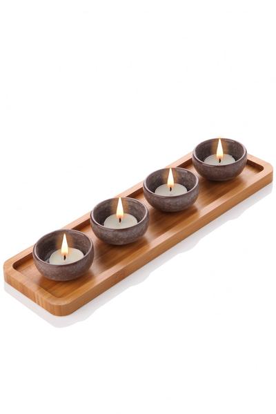 Bambu Standlı Porselen 4'lü Tealight Mumluk Takımı