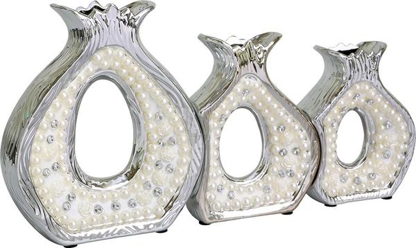 Burcu Dekor 3er-Set moderne Perlenvasen mit Blumen Effekten silber-weiß BC-5126