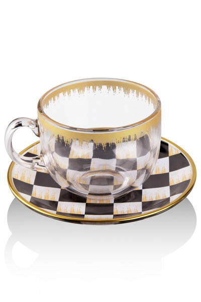 Queen's Kitchen | 2 Parça Tek Kişilik Dama Desen Cam Tabaklı Cup