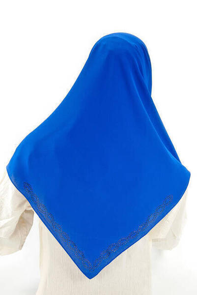 Medine İpeği Taşlı Saks Mavi Başörtü