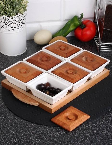 Bayev Ahşap Tepsili 6 Bölmeli Lüx Kahvaltılık