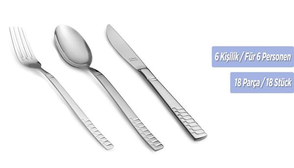 Almina Lüks 6 Kişilik Çatal Kaşık Bıçak Seti | 18 Parça | Paslanmaz Çelik | Gümüş