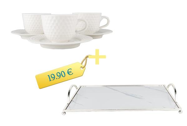 Marmor Desenli Tepsi & Türk Kahve Fincan Seti | Beyaz |