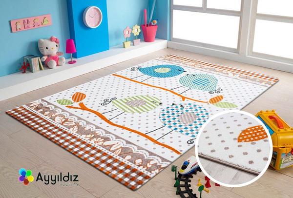 Ayyıldız Kids Marine Kuş Desenli Çocuk Halısı 100% PP Frise 11mm 2500 gr | Bej - Turuncu | 520Beige