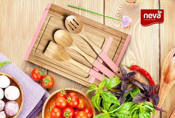 Neva Sweet 5 Parça Bambu Mutfak Servis Aletleri Seti | Pembe | N2326
