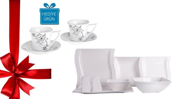 Duygu 28 Parça S-Form 6 Kişilik Yemek Takımı & Bavary 6'lı Kahve Fincan Seti Hediyeli