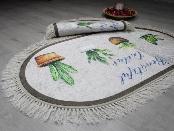 Ensemble de 2 tapis de bain ovales à franges Beautiful Cactus Grey