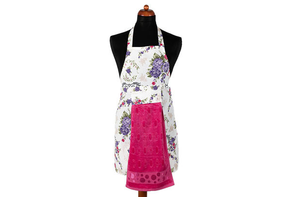 Dekonaz Çiçek Desenli Mutfak Önlüğü | Fuşya Havlu ve El Bezi Hediyeli | 73cm x 59cm