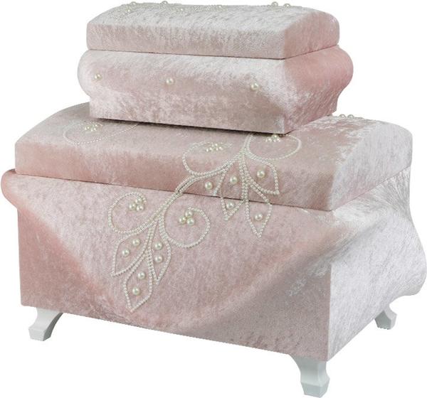 Dekonaz 2er Blumen Design Perlen Verzierte Mitgift Truhe | Pink | Dt-0005-p