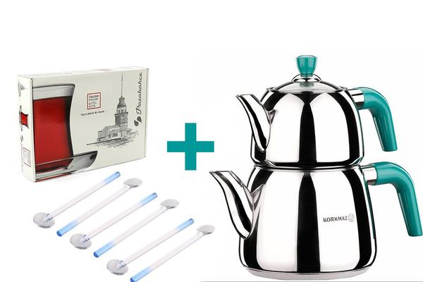 Korkmaz Azura Çaydanlık & 6'lı Cam Kaşık Seti & Üsküdar Çay Bardak Seti Hediyeli !